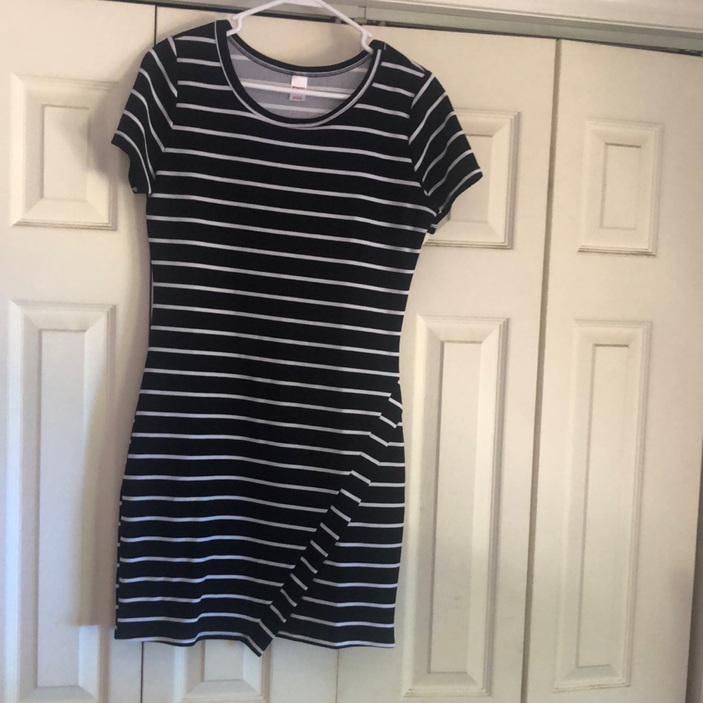 Black and white striped fitted mini dress